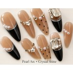 Black French Pearl & Rhinestone Press‑On Nails, Medium‑Long Almond Luxury Elegant False Nails With Polka Dots
